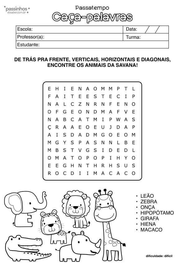 atividade infantil de caça-palavras