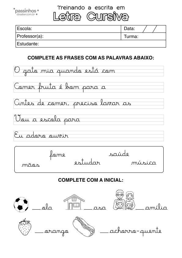 atividade infantil de escrita em letra cursiva