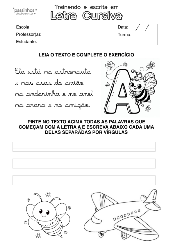 atividade infantil de escrita em letra cursiva