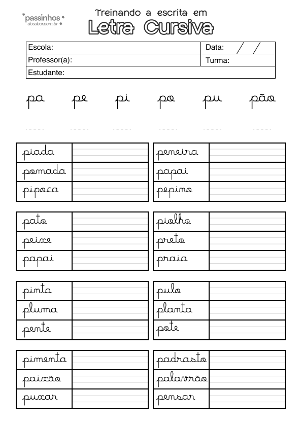 atividade infantil de escrita em letra cursiva