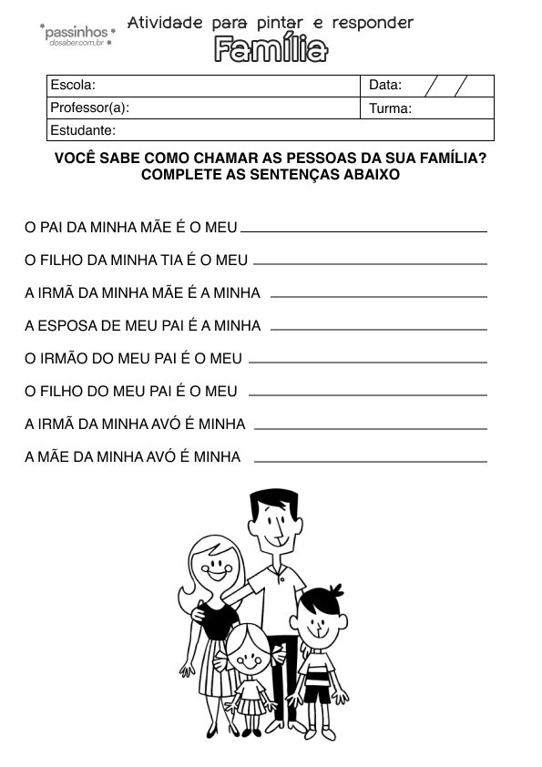 atividade infantil sobre familia para responder