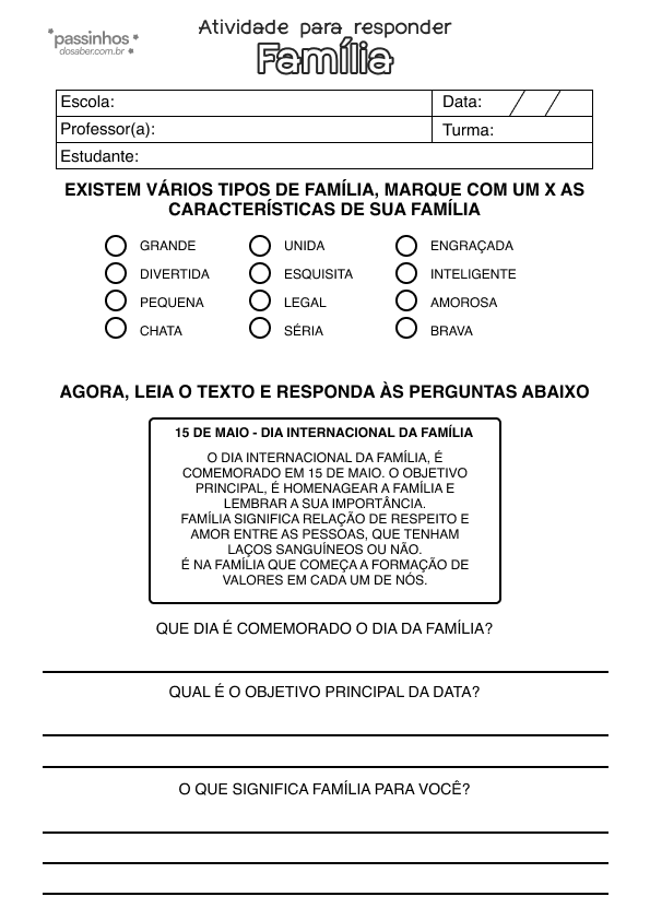 atividade infantil sobre familia para responder